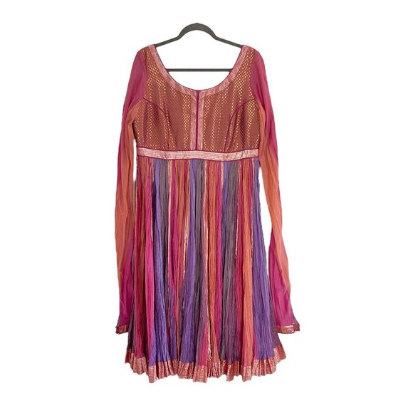 Abhishek Gupta M Pink Handmade Indian Anarkali Dress Dupatta Gold Accents Flowy - Picture 4 of 11